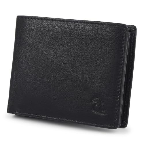 Image of KARA Black Men's Genuine Leather Wallet - Bifold, 2 Cash Compartments, Coin Pocket, 10+ Card Slots, Hidden & Transparent Flip Sections
