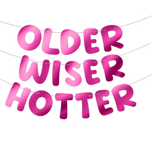 Image of Fulmoon Set of 3 Pre Strung Older Wiser Hotter Glitter Banner Funny Birthday Banner for Women 30th 40th 50th 60th 70th 80th Birthday Party Decorations Sign Gift(Bright Hot Pink)