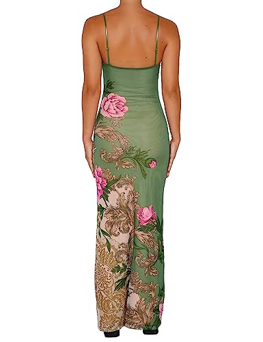 Image of Womens Sexy V Neck Satin Maxi Dresses Spaghetti Strap Floral Print Dresses Slim Fit Elegant Long Dresses Night Party Outfits
