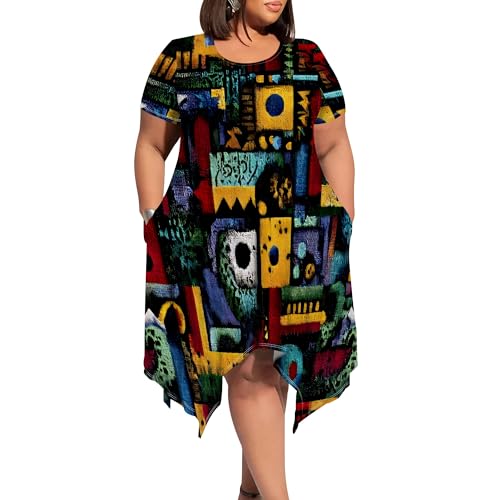 Image of Womens Summer Plus Size Crewneck Midi Dress Short Sleeve High Waist Dresses A Line Smocked Sundress with Pockets