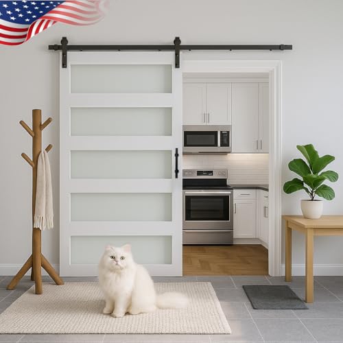 S&Z TOPHAND® 42 in x 84 in Glass Sliding MDF Barn Door with 8FT Sliding Door Hardware Kit, 5 Tempered Frosted Glass, Slab Inside Covered with Water-Proof PVC Surface, Simple DIY Assembly