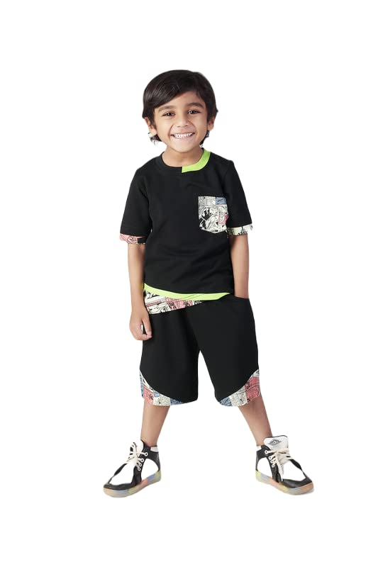 PONY & PIXIE Boy's Cotton T-shirt With Detailed With Printed Patch work 3/4th Length Shorts