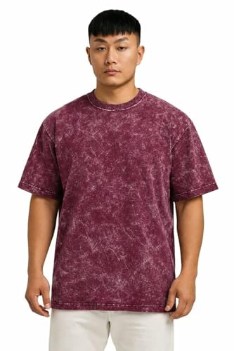 Image of VEL Plain 240 GSM Heavy Cotton Acid wash Oversized Tshirt Men Drop Shoulder Half Sleeves Round Neck Solid Cotton T-Shirts for Men