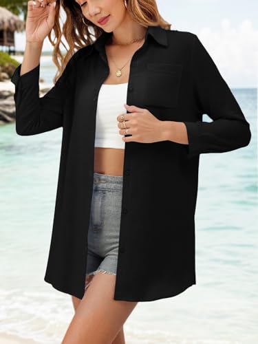 2025 Fall Women's Button Down Shirt Casual Beach V Neck Shirt Long Sleeve Tie Knot Tops Sun Protection Coat