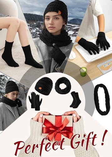 Winter Accessories Set, Black Knit Beanie Hat, Fleece Lined Scarf, Touchscreen Gloves, Thermal Fuzzy Socks for Men Women2