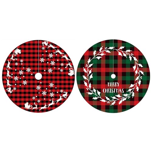 2-Piece Mini Christmas Tree Skirt - 15 Inch Buffalo Check Plaid Tree Skirt - Red & Black Plaid - Snowflake, Reindeer & Santa Designs