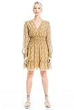 Max Studio Women's V-Neck Smocked Dress, Gold/Terra Small Swirling Daisy, Medium