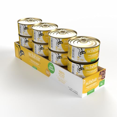 Schesir Thunfisch mit Surimi in Gelatine, Nassfutter für Katzen, in Dosen, 100% natürlich, mit zusätzlichen Vitaminen, 12 x 85 g