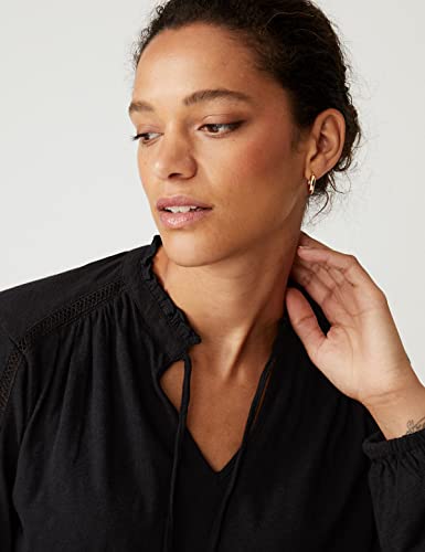 Image of Marks & Spencer Womens Embroidery Cotton Tie Neck Regular Fit Long Sleeve Top
