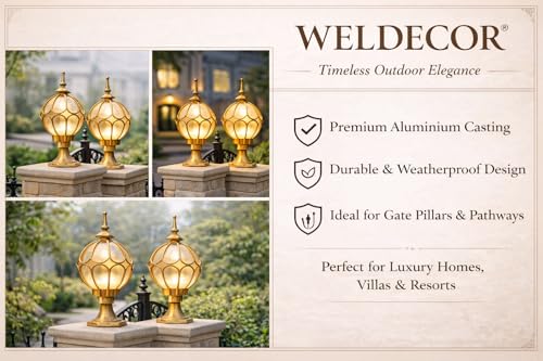 Image of Weldecor Outdoor Gate Pillar Lamp for Home Entrance Waterproof LED Garden Light (E27 Holder LED Bulb Comptaible) Antique Decorative Main Gate Post Lantern for Villa, Bungalow, Resort, Set of 2