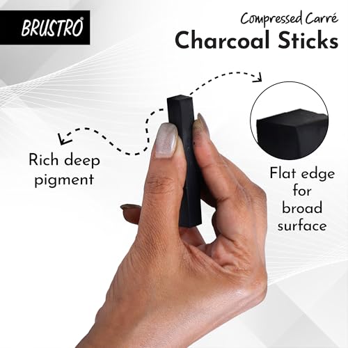 Image of BRUSTRO Artist Compressed Carre Charcoal Sticks - Set of 6 (5 Black & 1 White Stick) | Ideal for Portrait Charcoal Art, Sketching, Shading, Blending, Drawing, Craft, Professional use.