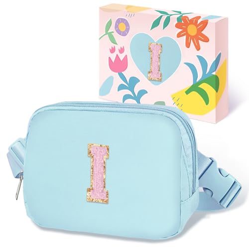 Image of COSHAYSOO Birthday Initial Gifts for Teen Girls 6 7 8 9 10 11 12 13 14 Year Old, Girl Fanny Pack Belt Bag Crossbody Shoulder Purse Blue Chenille Letter I
