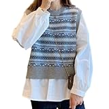 [blue beryl] 【在庫限り】[ブルーベリル] 重ね着風トップス レディース ニットベスト フェアアイル柄 バルーンスリーブブラウス プルオーバー 襟なし グレー BB058-GY-L