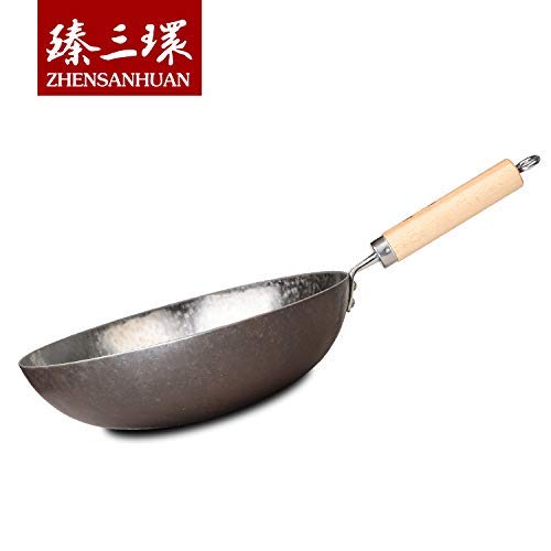 ZhenSanHuan Chinese Hand Hammered Iron Pow Woks and Stir Fry Pans Wooden Handle (Seasoned 32CM): 30CM Silver-Not Seasoned