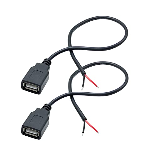 Maixbomr 2Pcs Short USB A Female 2 Pin Bare Wire 11inch, USB 5V/3A Pigtail Open End Power Cable, for USB Equipment Installed or Replace Repair DIY Cable