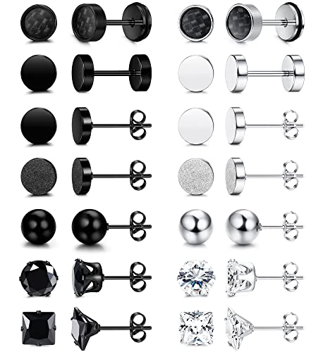 JeweBella 14 Paires Boucle d'oreille Homme Noir Acier Inoxydable Zircone Cubique Ronde Clou d'oreille Ensembles Unisexe Boucles d'oreilles pour Homme Femme Cadeau Bijoux