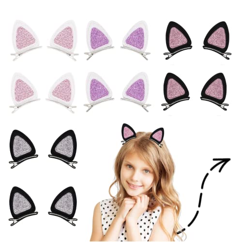 16 Pcs Cat Ears Hair Clips for Girls Cat Themed, Animal Hair Pins Glitter Accessories for Hair Clips Easter Halloween Costume Party Supplies