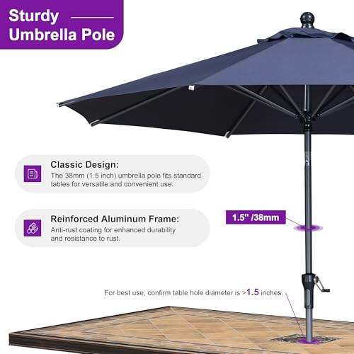 Image of PURPLE LEAF Patio Market Umbrella 9' Round Tilt Navy Blue 8 Ribs Outdoor