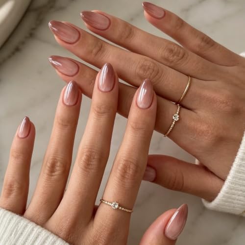 Brown Press on Nails Almond, Ombre, Chrome, Short, 24Pcs | for Wo...