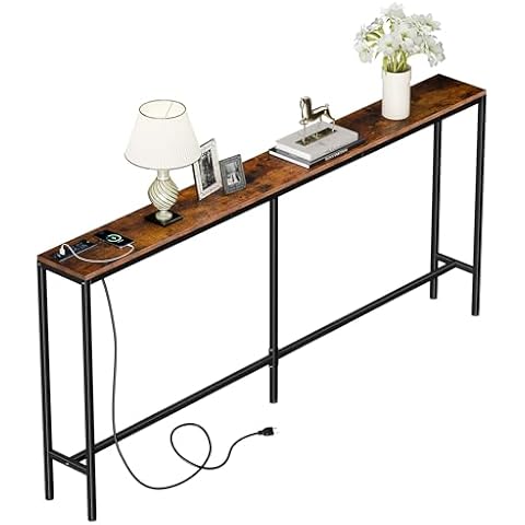 Nouva Modern Narrow 70.8" Console Table Side Table, Sofa Table with Metal Frame Built-in Outlet and Charging Station for Living Room, Rustic Brown Cover