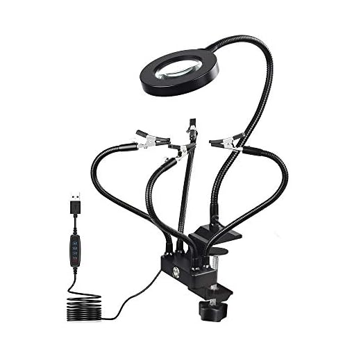ENJOHOS Tercera Mano Soporte Soldador Lupa Soldadura Soporte multifunción Tercero 4 brazos flexibles Clip Abrazadera Lupa 3X LED 10 Base USB de aluminio de luminancia para ingeniero de soldadura