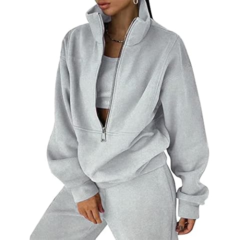 PEHMEA Women's Fleece Two Piece Outfit Half Zip Sweatshirt and Joggers Pants Set Tracksuit, Grey, Medium Cover