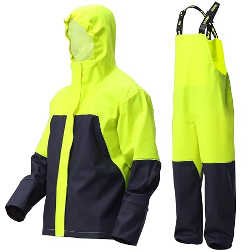 Navis Marine PRO herr regndräkt vattentät PU – robust arbetsregnjacka med huva och hängselbyxor, regnkläder för konstruktion, fiske, utomhus WS-017, Neongul, XL