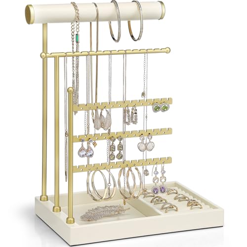 Vlando Jewelry Stand Organizer with Ring Holder Tray,3-Tier Earring Holder organizer,Necklace Holder,Large Capacity Jewelry Display Stand for Necklace