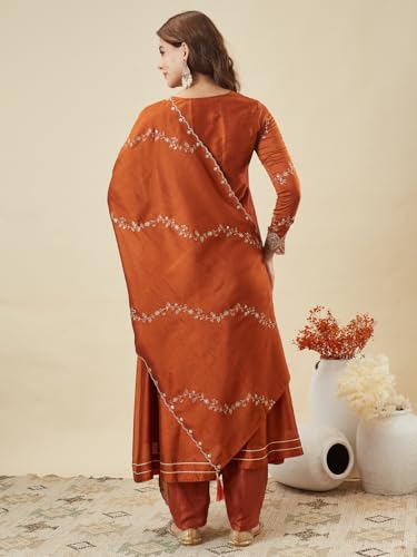 Image of MOKOSH Women's Silk Embroidery Anarkali Kurta Pant with Dupatta | Anarkali Kurta Set |Ethnic Kurta Set for Women |Floral Kurta 7 Colour Options Available |3 Piece Outfit