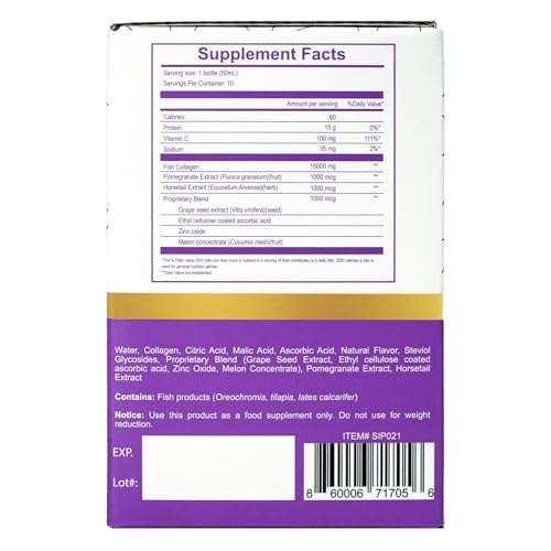 Image of 15,000mg Marine Collagen Peptides Liquid -Grape Flavor -10 Bottles | Hydrolyzed Collagen Drink, with Vitamin C, Pomegranate & Grape Extract, Supports Skin, Hair & Nail Health for Men and Women