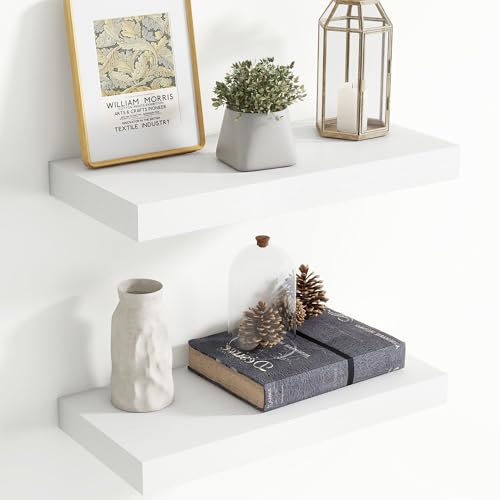 Image of 20 Inch Floating Shelves for Wall, 8 Inch Deep Floating Shelf for Storage & Display, Rustic Wall Mounted Shelf with Invisible Brackets for Living Room, Kitchen, Bathroom, Home Decor, Set of 2, White
