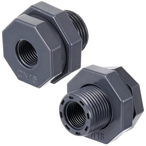 Image of 2 Pcs 1 /2 Inch Bulkhead Fitting PVC Npt Tank Connector | Threaded Bulkhead for Rain Barrels, Aquariums, Pools, Leak-proof Seal, Fits Water Tanks, Tubs, Durable PVC Plumbing Part