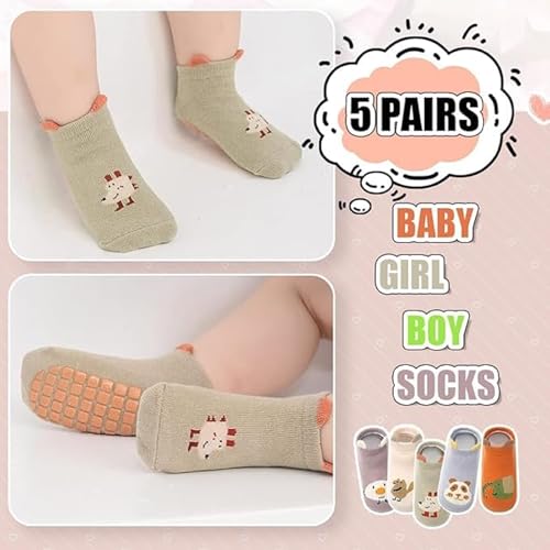 Image of Baby Anti Slip Socks Set with Cartoon Design, Low Cut Ankle Socks for Toddlers, 5 Pairs Pack
