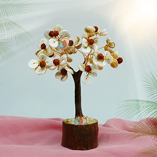 Image of REMEDYWALA Charged Energized Gomti Chakra and Rudraksha Floral Design Stone Tree for Reiki Healing, Gomati Stone Tree Showpiece for Good Luck Home Decor, Gomati Chakra Tree 108 Beads