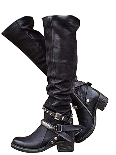 Minetom Damen Hohe Stiefel Winter Schuhe mit Absatz Kunstleder Schnalle...