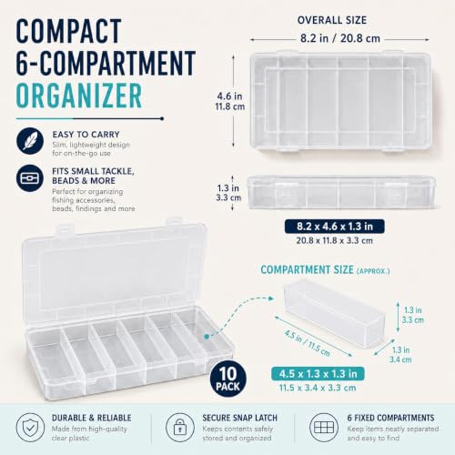 Set de 10 cajas organizadoras pequeñas transparentes para pesca, 8.2 x 4.6 x 1.3 pulgadas, almacenamiento plástico transparente para accesorios de pesca, cuentas, tornillos y manualidades miniatura 2