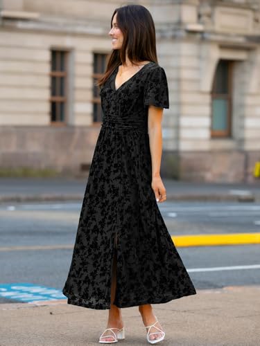 Image of Simplee Women's Velvet Maxi Dress V Neck Short Sleeve Empire Waist Semi Formal Long Cocktail Dresses