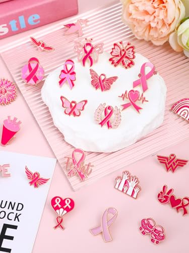 Image of JUNEBRUSHS 28pcs Breast Cancer Awareness Enamel Pins Pink Ribbon Butterfly Lapel Pins for Breast Cancer Awareness Party Survivor Charity Event Favors Women Girls Clothes Decor Accessories