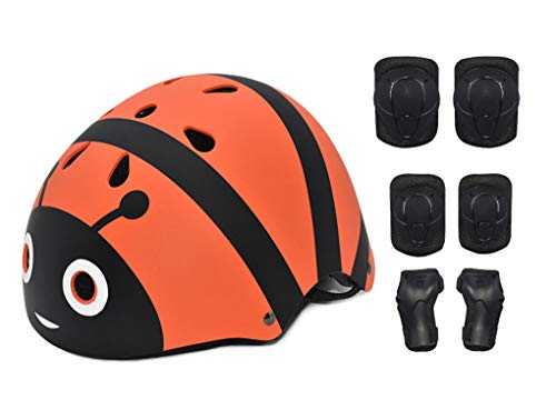 Yx-outdoor Kids Protective Gear Helmet Set,for Ice Skating, Roller Skating, Skateboarding, Cycling,Seven Piece Set,Knee Elbow Wrist Protective pad Set,with Helmet,Orange,XS