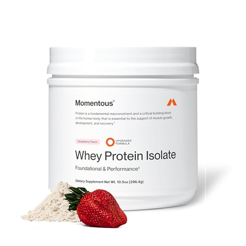 Image of Momentous Essential Grass-Fed Whey Protein Powder - 20 g Whey Isolate Protein - NSF Certified for Sport - Gluten-Free - 12 Servings for Essential Everyday Use - Strawberry - Package May Vary