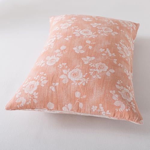 Image of FADFAY Queen Sheets Set 100% Cotton Washed Double Gauze Muslin Bedding 4Pcs Vintage Coral Rose Floral Sheets Shabby Farmhouse Bedding Luxury Super Soft Breathable Deep Pocket Fitted Sheet, Queen Size