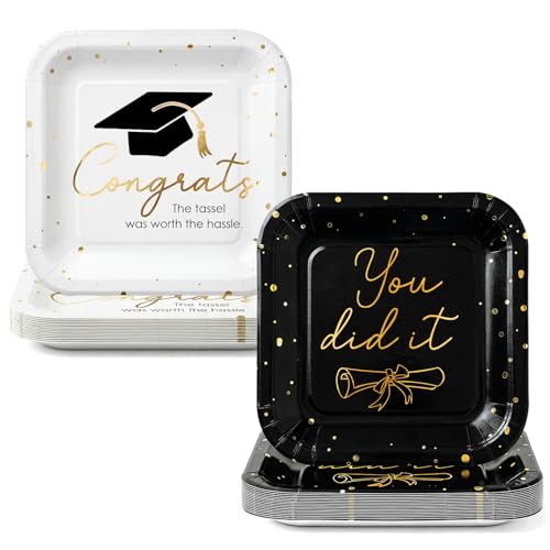 100pcs 2026 Graduation Party Decoration Plates Set 7 Square Disposable Graduation Paper Plates Class of 2026 Dessert Dinnerware Set for Congrats Grad Holiday Party Favors Decor Black White