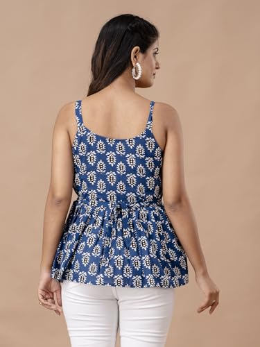 Image of feranoid Women Cotton Printed Sleeveless Strap Peplum Top
