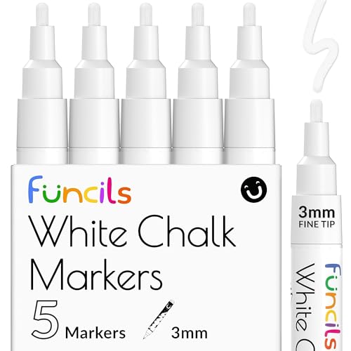 Funcils White Chalk Markers Fine Tip (5 Pack 3mm Reversible Tip) - For Chalkboard Blackboard Car Windows Glass Acrylic Calendar | Dry erase Erasable Thin Liquid Chalk Pens