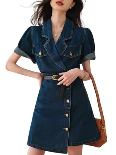 CHARTOU Women Denim Mini Dress Tailored Collar Elastic Waist Irregular A Line Short Jean Dress