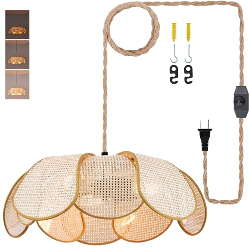 Image of 3-Light Hanging Lights with Plug in Cord, 14.3FT Stepless Brightness Flower Shaped Hanging Lamp with On/Off/Dimmable Switch, Boho Handwoven Chandelier Rattan Pendant Light for Bedroom Nursery (Cream）