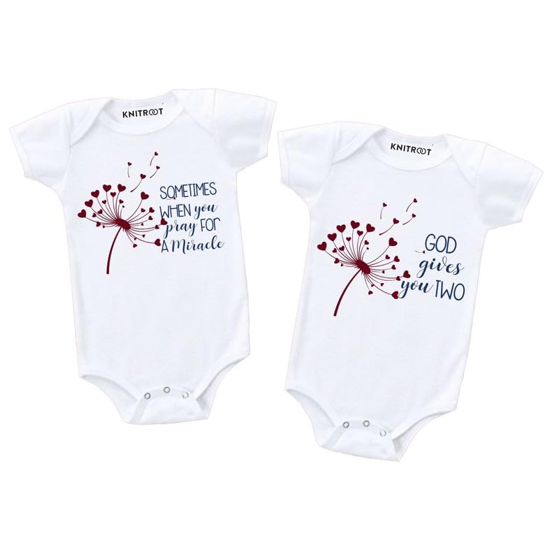 Knitroot Twins Romper, Unisex Baby Kids Twin Onesies, Half Sleeve Bottom Snap Button, White Cotton Bodysuit, Sleepsuit, Sometimes When You A Pray for A Miracle, 0-3 Months, for Twin Baby Boys & Girls