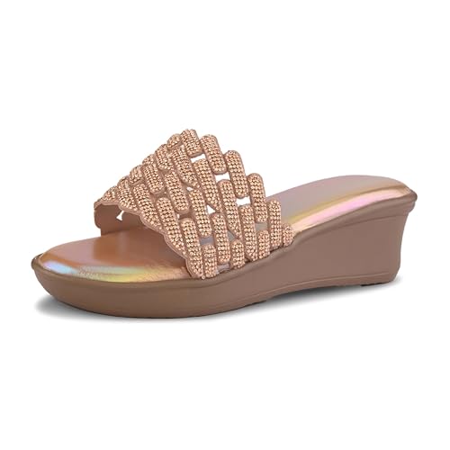 Image of Centrino Women's Crystal Embellished Wedge Sandals | Lattice Slide Flip Flop | Soft Cushioned Pearl Footbed | Elegant & Trendy Low Platform Wedge| Open Toe Slip-On Durable Fashion Footwear (9315)