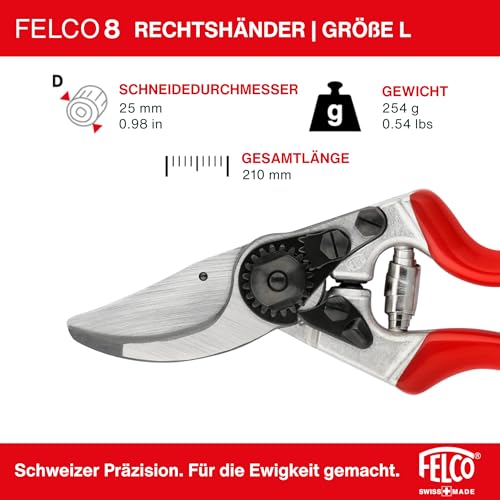 FELCO 8 Bypass-Gartenschere für Rechtshänder, ergonomisch für große Hände, 52 mm Stahlklinge, 25 mm Schnittdurchmesser, Stoßdämpfer, geschmiedete Aluminiumgriffe, abgewinkelter Schneidkopf, Swiss Made