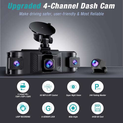 4 Channel 2.5K Dash Cam Front Rear Left Right, 170° Wide Angle Car Dash Camera with 5GHz WiFi & App Control, G-Sensor, Super Night Vision, 24H Parking Monitor, Loop Recording, 64GB SD Card Included - Image 3